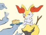  4:3 4_arms ambiguous_gender anthro biped black_body blush braixen duo fur generation_1_pokemon generation_6_pokemon gesture grey_body hi_res inner_ear_fluff machamp multi_arm multi_limb nintendo orange_body orange_eyes orange_fur pie_(food) pointing pokemon pokemon_(species) sealer4258 simple_background tuft white_body white_fur yellow_background yellow_body yellow_fur 