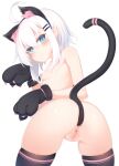  1girl ahoge anal anal_object_insertion anal_tail animal_ears animal_hands anus ass black_thighhighs blue_eyes blush bra breasts cat_ears cat_tail censored fake_animal_ears fake_tail from_behind gloves hair_between_eyes hair_ornament hairclip highres looking_at_viewer mosaic_censoring nipples nude object_insertion original otokuyou paw_gloves pussy ringo-chan_(otokuyou) small_breasts solo tail thighhighs training_bra underwear white_background white_hair 