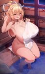  1girl 5danny1206 absurdres areola_slip blonde_hair blush breasts commission hair_ribbon highres horns huge_breasts indoors jewelry long_hair looking_at_viewer naked_towel necklace original ponytail ribbon single_horn sitting smile soaking_feet solo steam thighs towel water waving wet white_ribbon yellow_eyes 