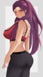  1girl absurdres arm_tattoo ass back back_tattoo bare_back braid breasts brown_eyes covered_nipples crop_top earrings fire_emblem fire_emblem:_three_houses from_behind highres huge_ass jewelry large_breasts looking_at_viewer pants peli_cantaro petra_macneary ponytail purple_hair solo sports_bra tank_top tattoo yoga_pants 