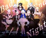  3boys 5girls ahoge animal_ear_fluff animal_ears apron bad_end_night_(vocaloid) black_dress black_hair black_headwear blonde_hair blue_hair blue_headwear breasts charlotte_(genshin_impact) dress drill_hair envelope floral_print furina_(genshin_impact) genshin_impact grey_hair hair_between_eyes hair_ornament hat highres holding holding_envelope japanese_clothes kimono long_hair low_twintails lynette_(genshin_impact) lyney_(genshin_impact) maid maid_headdress monochrome multicolored_hair multiple_boys multiple_girls navia_(genshin_impact) neuvillette_(genshin_impact) nogikawa pink_hair pink_kimono red_eyes sigewinne_(genshin_impact) skirt streaked_hair top_hat twintails vocaloid white_apron wide_sleeves wriothesley_(genshin_impact) 