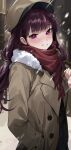  1girl absurdres black_skirt blush brown_coat brown_headwear coat commentary fur-trimmed_coat fur_trim hand_in_pocket hat highres jururu long_hair long_sleeves looking_at_viewer multicolored_hair ori_(0rizuru) outdoors pleated_skirt purple_eyes purple_hair red_scarf scarf skirt smile snowing solo streaked_hair two-tone_hair virtual_youtuber waktaverse 