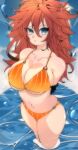  1girl android_21 bikini blue_sky blurry blurry_background breasts dragon_ball dragon_ball_(classic) highres in_water kinakomochi_(user_vedc2333) large_breasts looking_at_viewer messy_hair navel orange_bikini sky solo swimsuit 
