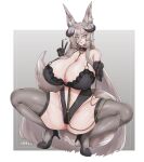  animal_ears artist_request bra breasts copyright_request curvy fraeya_(vtuber) glasses gloves high_heels horns huge_breasts lace-trimmed_bra lace_trim leash sexually_suggestive squatting tail thick_thighs thighhighs thighs underwear v 