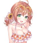  1girl ahoge bikini blush bow breasts cleavage esuorder eyewear_on_head flower frilled_bikini frills green_eyes hair_bow hair_flower hair_ornament hairclip honma_himawari honma_himawari_(13th_costume) jewelry large_breasts necklace nijisanji orange_bikini orange_hair smile solo star_(symbol) star_necklace sunflower sunflower_hair_ornament sunglasses swimsuit virtual_youtuber 