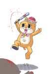  1other baby_bottle baseball_bat blood blood_on_weapon blush_stickers bottle chiitan full_body highres holding holding_baseball_bat holding_weapon jumping kk-san looking_at_viewer mascot midair motion_lines open_mouth otter simple_background solo_focus susaki weapon white_background x_navel yuru-chara 