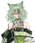  animal_ear_fluff animal_ears arknights asymmetrical_hair bare_shoulders black_choker blood blood_on_body blood_on_face cat_ears cat_girl choker collarbone dress green_dress green_eyes green_hair highres kal&#039;tsit_(arknights) medium_hair n4jikai off-shoulder_dress off_shoulder oripathy_lesion_(arknights) parted_lips see-through simple_background slit_pupils stethoscope 