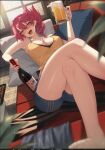  1girl alcohol barefoot beer beer_mug blush bottle breasts cleavage_cutout clothing_cutout cluseller couch cup double-parted_bangs eiyuu_densetsu foot_out_of_frame hair_between_eyes hair_bun holding holding_bottle holding_cup indoors knees_up large_breasts legs looking_at_viewer mug on_couch pillow pink_hair sara_valestein sen_no_kiseki shirt shorts sitting sleeveless smile solo wine_bottle yellow_eyes 