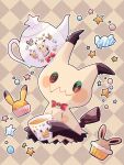  animal_focus artist_name blush bow bowtie candy commentary_request eevee food hanabusaoekaki highres mimikyu no_humans patterned_background pikachu poke_ball_symbol pokemon pokemon_(creature) red_bow red_bowtie solid_oval_eyes star_(symbol) tail teapot wavy_mouth 