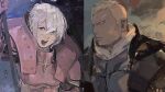  1boy 1girl armor benny_(fire_emblem) blonde_hair effie_(fire_emblem) fire_emblem fire_emblem_fates grey_hair hayashishikaku5 holding holding_polearm holding_weapon open_mouth polearm portrait scar scar_on_face sidelocks upper_body weapon 