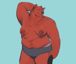  2023 anthro areola astrobun_(artist) bear black_nose blue_background blue_clothing blue_underwear body_hair breasts brown_areola brown_body brown_fur brown_hair chest_hair clothed clothing female fur hair hi_res holding_object looking_away mammal nipple_piercing nipples open_mouth overweight piercing round_ears sharp_teeth simple_background smile solo stretching teeth underwear underwear_only 