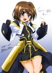  1girl black_gloves blue_eyes blush breasts brown_hair dated dress fingerless_gloves gloves hair_ornament highres looking_at_viewer lyrical_nanoha magical_girl mahou_shoujo_lyrical_nanoha mahou_shoujo_lyrical_nanoha_a&#039;s open_mouth san-pon short_dress short_hair signature small_breasts smile solo x_hair_ornament yagami_hayate 