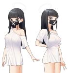  1girl absurdres black_hair black_mask blue_archive blunt_bangs blunt_ends breasts chuo8008 halo highres large_breasts long_hair looking_at_viewer mask mouth_mask multiple_views no_pants oversized_clothes oversized_shirt shirt simple_background single_bare_shoulder straight_hair sukeban_(smg)_(blue_archive) v very_long_hair white_background white_shirt x 