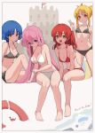  4girls absurdres ahoge bare_shoulders barefoot beach bikini black_bikini blonde_hair blue_eyes blue_hair bocchi_the_rock! breasts cleavage collarbone crab flag gotou_hitori green_eyes hair_between_eyes hair_ornament hairpin highres ijichi_nijika kita_ikuyo knee_up large_breasts legs long_hair looking_at_viewer lovelyme mole mole_under_eye multiple_girls navel one_side_up orange_eyes pink_hair red_hair sand_castle sand_sculpture short_hair side_ponytail sidelocks swimsuit toenails toes v very_long_hair white_bikini yamada_ryou 