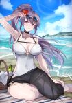  1girl absurdres alternate_costume basket beach bottle breasts choker commission commissioner_upload fire_emblem fire_emblem:_genealogy_of_the_holy_war flower hair_flower hair_ornament highres ishtar_(fire_emblem) large_breasts non-web_source one-piece_swimsuit purple_eyes purple_hair sarong skeb_commission sunglasses swimsuit tobio_illust water white_one-piece_swimsuit 