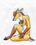  2009 anthro biped blooberry breasts brown_eyes deer female hooves mammal navel nipples nude simple_background sitting solo traditional_media_(artwork) white_background 