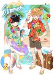  2boys adjusting_eyewear ball beachball bird black_hair blunt_bangs blush bracelet brown_hair coconut coconut_cup crab ekubo_(mob_psycho_100) eyewear_on_head floral_print flower flower_necklace hair_between_eyes hair_flower hair_ornament hand_on_own_hip hawaiian_shirt hibiscus hibiscus_print highres holding holding_map innertube jewelry kageyama_shigeo leg_hair lei male_swimwear map mob_psycho_100 multiple_boys one_eye_closed open_mouth palm_tree reigen_arataka sandals seagull shirt shore short_hair starfish suitcase summer sunglasses swim_trunks toenails tree zikko_100 