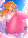  1girl absurdres adapted_costume ass bare_shoulders blonde_hair blue_eyes blush breasts brown_headwear cherry_blossoms cleavage collarbone earrings falling_petals hat high_heels highres jewelry large_breasts lips long_hair long_sleeves looking_at_viewer mario_(series) opalis pants parasol petals pink_pants princess_peach princess_peach_(vacation) shirt shoes sitting smile solo sphere_earrings star_(symbol) super_star_(mario) umbrella white_footwear white_shirt 
