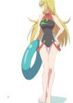  1girl bare_shoulders barefoot black_one-piece_swimsuit blonde_hair breasts circlet closed_mouth core_crystal_(xenoblade) cosplay full_body holding holding_innertube innertube kageyasu legs long_hair looking_to_the_side mythra_(xenoblade) one-piece_swimsuit pyra_(pro_swimmer)_(xenoblade) pyra_(pro_swimmer)_(xenoblade)_(cosplay) pyra_(xenoblade) shadow simple_background smile solo standing swept_bangs swimsuit toes very_long_hair white_background xenoblade_chronicles_(series) xenoblade_chronicles_2 yellow_eyes 
