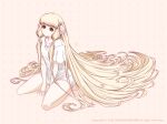  1girl 2022 absurdly_long_hair apoloniodraws artist_name bangs blonde_hair brown_eyes chii chobits collarbone expressionless flat_chest hair_tubes hand_on_ground head_tilt highres long_hair looking_at_viewer no_pants no_pupils robot_ears shirt sidelocks sitting sketch solo t-shirt very_long_hair white_shirt 