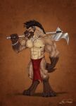  2017 4_toes 5_fingers abs anthro axe barefoot black_hair black_nose bottomwear claws clothed clothing fangs feet finger_claws fingers fur gnoll hair hi_res hindpaw humanoid_hands hyena jewelry loincloth male mammal mohawk muscular muscular_anthro muscular_male navel necklace nipples paws pecs ragiz_slaughterarm signature solo spots spotted_body spotted_fur standing teeth thetigress toe_claws toes tongue topless topless_anthro topless_male 