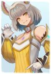  1girl aged_up animal_ear_fluff animal_ears bare_shoulders blue_background breasts chest_jewel cleavage commentary_request facial_mark gloves grey_hair grin hand_up highres labebebe_lee long_sleeves looking_at_viewer mature_female medium_breasts nia_(xenoblade) official_alternate_costume puffy_long_sleeves puffy_sleeves short_hair simple_background smile solo upper_body v-shaped_eyebrows white_gloves xenoblade_chronicles_(series) xenoblade_chronicles_2 xenoblade_chronicles_3 yellow_eyes 