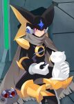  1boy animal_on_leg bass.exe_(mega_man) cat cloak helmet highres hitotose9 looking_at_viewer male_focus mega_man_(series) mega_man_battle_network plate red_eyes scar sitting 