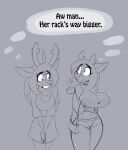  2023 2_horns anthro antlers big_breasts biped blush blush_lines bodily_fluids bottomwear breast_size_difference breasts clothed clothing cutoffs deer deltarune denim denim_bottomwear denim_clothing duo english_text eyebrows female female/female front_view hair handbag hi_res horn horn_size_difference jrvanesbroek long_hair looking_at_another looking_at_breasts mammal new_world_deer noelle_holiday reindeer shorts simple_background sketch spot_color standing sweat teeth text thought_bubble topwear tube_top undertale_(series) 