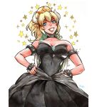  1girl armlet black_dress blonde_hair blue_eyes bowsette bracelet collar crown dress highres jewelry long_hair looking_at_viewer mario_(series) ponytail sao_(saowee) sharp_teeth smile solo spiked_armlet spiked_bracelet spiked_collar spiked_shell spikes strapless strapless_dress super_crown teeth traditional_media turtle_shell 