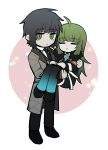  1boy 1girl :&lt; :| =_= ahoge armband black_coat black_footwear black_necktie black_pants black_vest blue_necktie blunt_bangs carrying chinese_commentary closed_mouth coat collared_shirt commentary_request e.g.o_(project_moon) employee_(lobotomy_corporation) fur-trimmed_coat fur_trim gradient_clothes gradient_pants green_eyes green_hair grey_coat grey_hair grey_vest hands_on_own_knees lobotomy_corporation long_hair long_sleeves necktie no_nose open_clothes open_coat pants princess_carry project_moon red_armband shirt short_hair smoke_(killscreen_s) vest white_shirt 