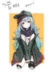  1girl bandana between_legs blush brown_eyes closed_mouth commentary_request full_body g11_(girls&#039;_frontline) girls&#039;_frontline green_headwear green_jacket grey_hair hair_between_eyes hand_between_legs hat jacket knee_pads kneeling korean_text long_hair looking_at_viewer mogijabgo orange_background red_bandana red_footwear shirt shoes simple_background sleeveless sleeveless_shirt sneakers solo straight-on translation_request two-tone_background very_long_hair white_background white_shirt 
