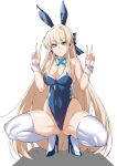  1girl animal_ears ass_visible_through_thighs blonde_hair blue_archive blue_eyes blue_footwear blue_hair blue_nails breasts cleavage covered_navel double_bun earpiece groin hair_bun high_heels highres lc_7v2 long_hair looking_at_viewer rabbit_ears solo spread_legs squatting thighhighs toki_(blue_archive) toki_(bunny)_(blue_archive) very_long_hair white_thighhighs wrist_cuffs 