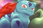  2018 3:2 blurred_background bulbasaur digital_media_(artwork) feral generation_1_pokemon looking_at_viewer low-angle_view male nintendo phyllon pokemon pokemon_(species) solo suddendraft thorns 