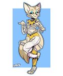 anthro canid canine clothed clothing costume digital_drawing_(artwork) digital_media_(artwork) fennec fox girly gold_(metal) gold_jewelry halloween halloween_costume hi_res holidays jewelry looking_at_viewer makeup male mammal mummy_costume simple_background smile solo translucent translucent_clothing ziggy_fox 