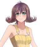  1girl breasts brown_hair closed_mouth dress final_fantasy final_fantasy_viii flipped_hair green_eyes highres jewelry looking_at_viewer matuillust necklace selphie_tilmitt short_hair simple_background smile solo white_background yellow_dress zipper zipper_dress 