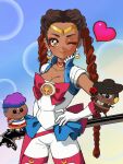  1boy 2girls :3 animification apex_legends bangalore_(apex_legends) bishoujo_senshi_sailor_moon black_eyes black_headwear black_jacket blue_skirt blush braid brown_hair chibi choker cosplay cropped_jacket dark-skinned_female dark-skinned_male dark_skin eyeshadow flower fur_trim gloves gold_headband hand_on_own_hip heart highres holding holding_flower jacket jewelry loba_(apex_legends) long_hair looking_at_viewer makeup mask miniskirt mohawk multiple_girls open_mouth purple_hair red_choker red_eyeshadow red_flower red_hair red_rose ring rose sailor_moon sailor_moon_(cosplay) seer_(apex_legends) shirt skirt smile solo_focus staff strapless strapless_shirt twin_braids usaginu very_long_hair white_gloves white_shirt 