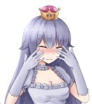  1girl breasts cleavage closed_eyes crown danraz0r dress elbow_gloves gloves hair_between_eyes highres long_hair looking_at_viewer luigi&#039;s_mansion mario_(series) new_super_mario_bros._u_deluxe personification princess_king_boo shy solo super_crown white_dress white_gloves 