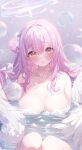  1girl angel_wings bare_shoulders bath bathing bathroom blue_archive blurry blush bow breasts bubble bubble_bath collarbone deyui feathered_wings flower hair_bun hair_flower hair_ornament halo large_breasts long_hair looking_at_viewer mika_(blue_archive) nude open_mouth paid_reward_available parted_lips partially_submerged pink_hair single_side_bun sitting soap_bubbles solo thighs water wet white_wings wings yellow_eyes 