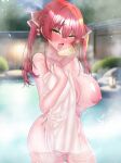  1girl :d absurdres blush breasts cleavage commentary_request completely_nude fang heterochromia highres hololive houshou_marine long_hair looking_at_viewer nipples nude onsen outdoors purple_eyes purple_hair seisui_bar smile solo towel twintails virtual_youtuber wading yellow_eyes 