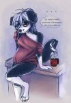  anthro ash_(thehiggles) beverage black_body black_fur border_collie bored bored_expression bottomless breasts canid canine canis cheek_tuft claws clothed clothing coffee coffee_mug collie countertop dialogue digital_media_(artwork) domestic_dog english_text eyeshadow facial_piercing facial_tuft feet female folded_ears frown fur gloves_(marking) hair hair_over_eye herding_dog hi_res leg_markings longhair looking_at_viewer makeup mammal markings multicolored_body multicolored_fur multicolored_hair nose_piercing nose_ring off_shoulder one_eye_obstructed one_leg_up pajama_shirt pastoral_dog paws piercing raised_leg red_eyes ring_piercing septum_piercing septum_ring sheepdog shirt shirt_only simple_background sitting socks_(marking) solo speech_bubble tail text thehiggles tired tired_look toes topwear topwear_only tuft two_tone_body two_tone_fur two_tone_hair white_body white_eyes white_fur 