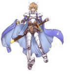  1boy :d armor armored_boots belt black_belt black_pants black_shirt blonde_hair blue_cape blue_eyes boots breastplate cape cape_hold commentary_request cross fake_horns full_body gauntlets hair_between_eyes highres holding holding_sword holding_weapon horns koizumi_(0w05070w0) leg_armor long_bangs looking_at_viewer male_focus open_mouth paladin_(ragnarok_online) pants pauldrons ragnarok_online scabbard sheath shirt short_hair shoulder_armor simple_background smile solo sword weapon white_background 