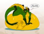  anthro belly big_belly bulge cmitchell digestion fur green_body green_fur hi_res horn long_tail male solo tail tommy_(disambiguation) victim vore yellow_body yellow_fur 