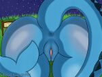  4:3 anthro anus blue_body blue_skin blue_tail butt butt_focus digital_media_(artwork) eeveelution female generation_1_pokemon genitals grass hi_res marine nintendo plant pokemon pokemon_(species) pussy rear_view shinychaonsfw sign sky solo spiked_tail spikes spikes_(anatomy) star starry_sky tail thick_thighs vaporeon 