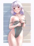  1girl black_one-piece_swimsuit breasts cleavage clothes_pull commentary_request competition_swimsuit looking_at_viewer mashinatsu medium_breasts multicolored_clothes multicolored_swimsuit one-piece_swimsuit one-piece_swimsuit_pull original purple_hair red_eyes short_hair solo swimsuit two-tone_swimsuit 