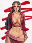  1girl black_hair blue_eyes boa_hancock breasts cleavage earrings gwenervi highres jewelry large_breasts long_hair long_sleeves looking_at_viewer midriff navel no_panties one_piece red_skirt skirt snake_earrings 