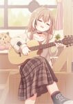  1girl absurdres acoustic_guitar brown_footwear brown_hair brown_skirt brown_sweater crossed_legs curtains guitar highres holding holding_instrument holocouncil hololive hololive_english hootsie_(nanashi_mumei) indoors instrument kiwami133 long_hair long_sleeves multicolored_hair music nanashi_mumei open_mouth playing_instrument signature singing sitting skirt solo streaked_hair sweater virtual_youtuber window 