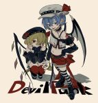  2girls alternate_costume back_bow bat_wings belt beret black_footwear black_jacket black_sleeves blonde_hair boots bow cabbie_hat closed_mouth collar collarbone colored_eyelashes crop_top crystal dee_(tannsumi) detached_sleeves english_text fingernails flandre_scarlet foreshortening from_above grey_skirt hair_between_eyes hair_bow half-closed_eyes hand_on_own_hip hat head_tilt highres jacket legwear_garter long_hair midriff multicolored_nails multiple_girls navel o-ring o-ring_legwear_garter off-shoulder_jacket off-shoulder_shirt off_shoulder open_mouth platform_footwear punk rainbow_order red_bow red_eyes red_shorts red_thighhighs remilia_scarlet shadow sharp_fingernails shirt short_hair short_shorts shorts siblings side_ponytail simple_background sisters skirt smile spaghetti_strap spiked_collar spikes squatting standing striped striped_thighhighs studded_belt thighhighs touhou uneven_eyes wings 