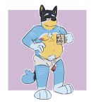  anthro bandit_heeler black_body black_fur black_nose blue_body blue_fur bluey_(series) border boxer_briefs brokowski clothing coffee_cup container cup detailed_background father_(lore) fur grey_boxer_briefs grey_clothing grey_underwear half-closed_eyes holding_object male morning motion_lines narrowed_eyes nipples parent_(lore) penis_out_of_fly purple_background simple_background solo teeth_showing tired underwear white_background white_border white_clothing white_underwear y-fronts 