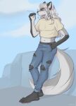  ansart anthro black_body bottomwear brown_eyes canid canine canis cigarette clothing denim denim_clothing fur grey_body grey_fur hair hi_res jeans long_hair male mammal pants slim_male smoking solo tail white_hair wolf 