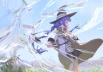  1girl absurdres aton_(user_kufr5245) black_headwear black_skirt blue_hair blue_sky braid brown_cape cape casting_spell closed_eyes day hat highres holding holding_staff long_hair mage_staff magic mushoku_tensei outdoors roxy_migurdia skirt sky solo staff twin_braids water witch_hat 